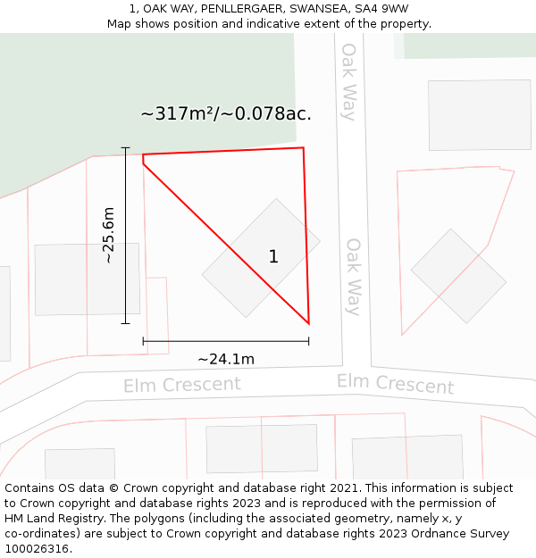 1, OAK WAY, PENLLERGAER, SWANSEA, SA4 9WW: Plot and title map