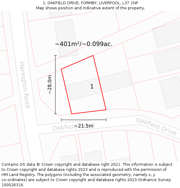 1, OAKFIELD DRIVE, FORMBY, LIVERPOOL, L37 1NP: Plot and title map