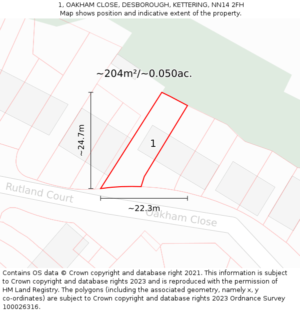 1, OAKHAM CLOSE, DESBOROUGH, KETTERING, NN14 2FH: Plot and title map