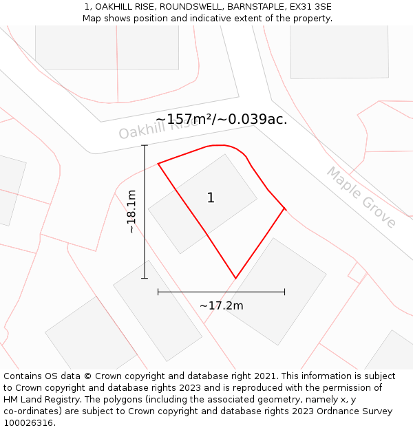 1, OAKHILL RISE, ROUNDSWELL, BARNSTAPLE, EX31 3SE: Plot and title map