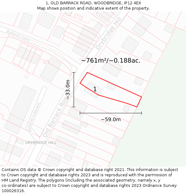 1, OLD BARRACK ROAD, WOODBRIDGE, IP12 4EX: Plot and title map