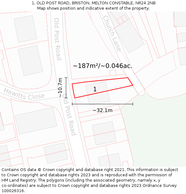 1, OLD POST ROAD, BRISTON, MELTON CONSTABLE, NR24 2NB: Plot and title map