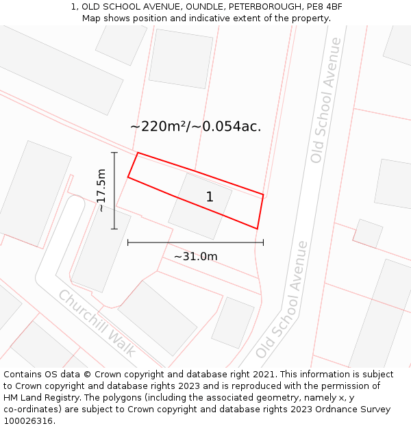 1, OLD SCHOOL AVENUE, OUNDLE, PETERBOROUGH, PE8 4BF: Plot and title map