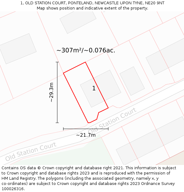 1, OLD STATION COURT, PONTELAND, NEWCASTLE UPON TYNE, NE20 9NT: Plot and title map