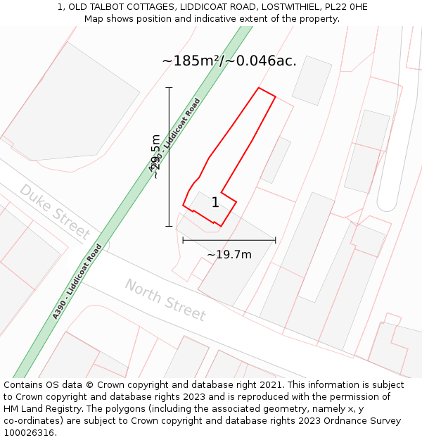 1, OLD TALBOT COTTAGES, LIDDICOAT ROAD, LOSTWITHIEL, PL22 0HE: Plot and title map