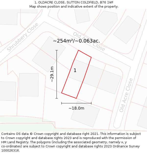 1, OLDACRE CLOSE, SUTTON COLDFIELD, B76 1WF: Plot and title map