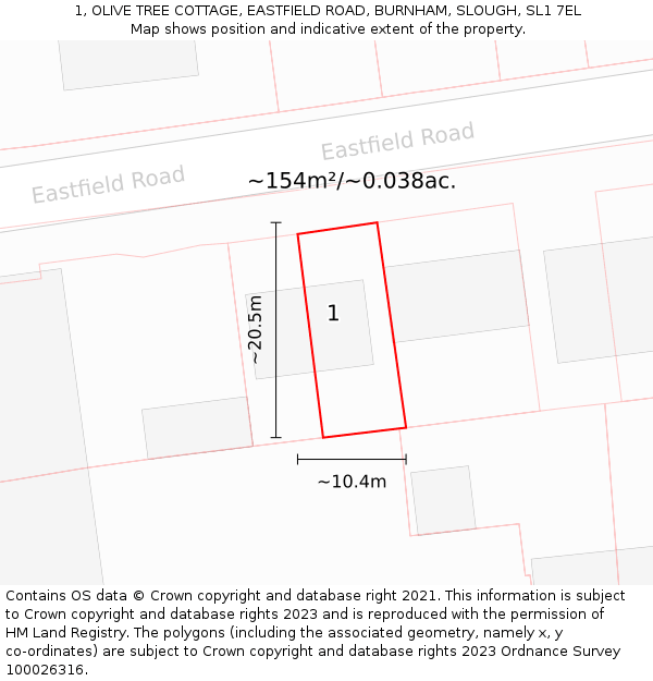 1, OLIVE TREE COTTAGE, EASTFIELD ROAD, BURNHAM, SLOUGH, SL1 7EL: Plot and title map