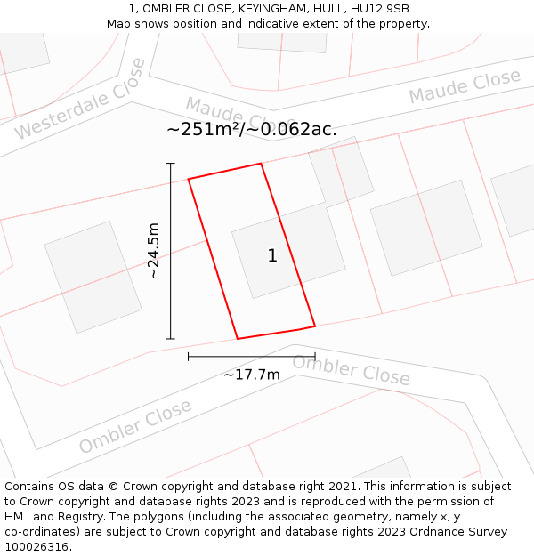 1, OMBLER CLOSE, KEYINGHAM, HULL, HU12 9SB: Plot and title map