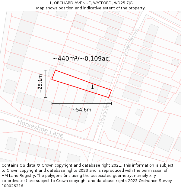 1, ORCHARD AVENUE, WATFORD, WD25 7JG: Plot and title map