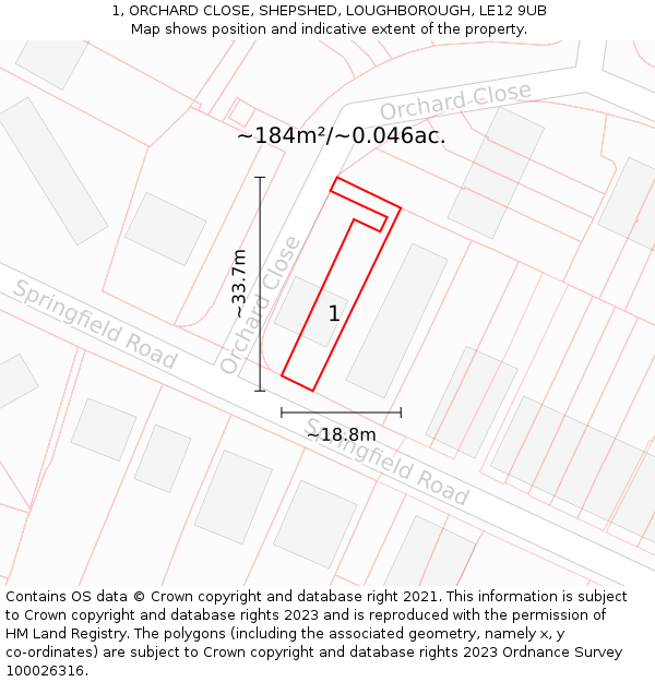 1, ORCHARD CLOSE, SHEPSHED, LOUGHBOROUGH, LE12 9UB: Plot and title map