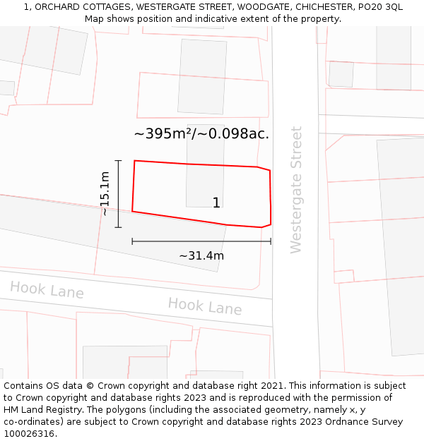 1, ORCHARD COTTAGES, WESTERGATE STREET, WOODGATE, CHICHESTER, PO20 3QL: Plot and title map