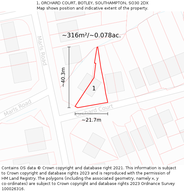 1, ORCHARD COURT, BOTLEY, SOUTHAMPTON, SO30 2DX: Plot and title map