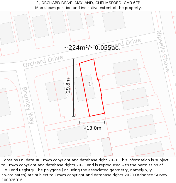 1, ORCHARD DRIVE, MAYLAND, CHELMSFORD, CM3 6EP: Plot and title map