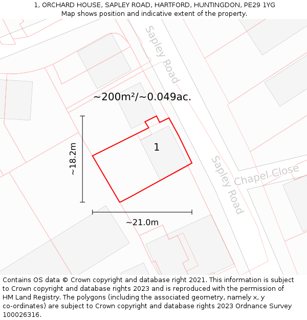 1, ORCHARD HOUSE, SAPLEY ROAD, HARTFORD, HUNTINGDON, PE29 1YG: Plot and title map