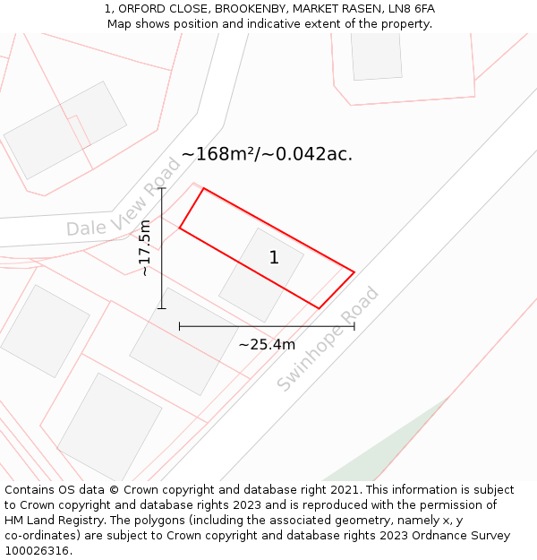 1, ORFORD CLOSE, BROOKENBY, MARKET RASEN, LN8 6FA: Plot and title map