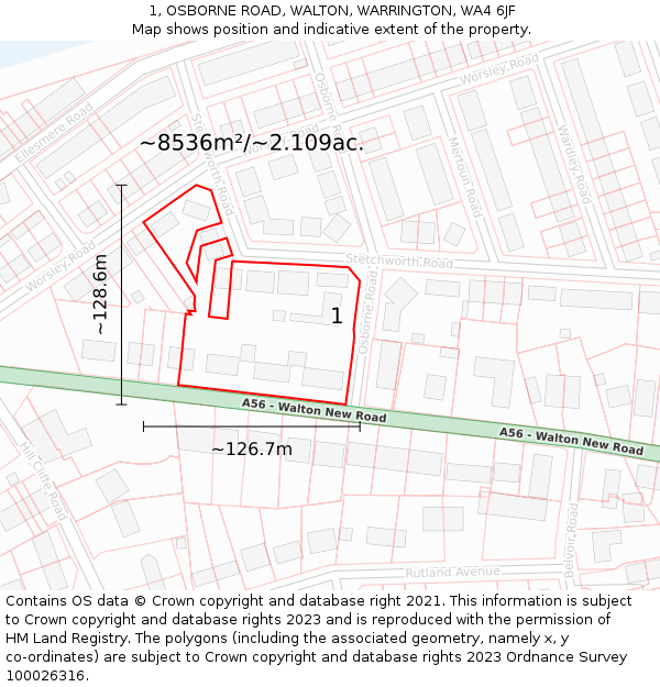 1, OSBORNE ROAD, WALTON, WARRINGTON, WA4 6JF: Plot and title map