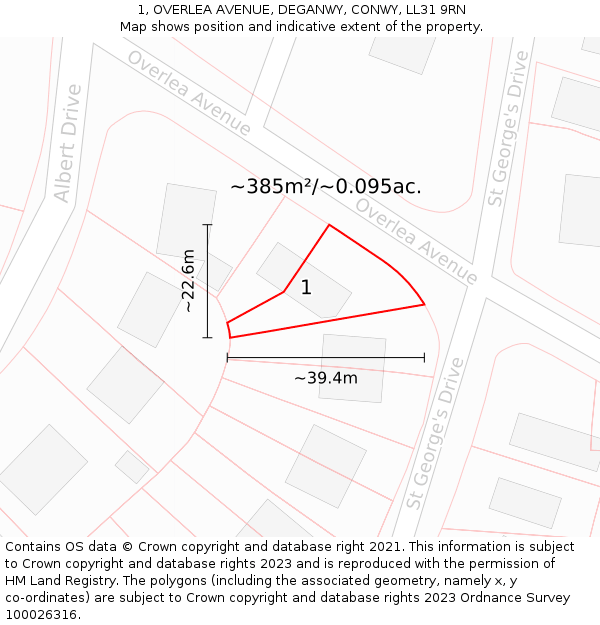 1, OVERLEA AVENUE, DEGANWY, CONWY, LL31 9RN: Plot and title map