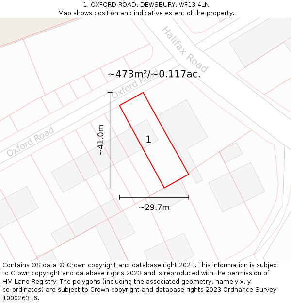 1, OXFORD ROAD, DEWSBURY, WF13 4LN: Plot and title map