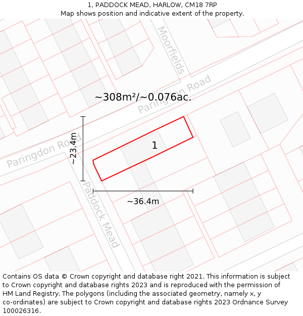 1, PADDOCK MEAD, HARLOW, CM18 7RP: Plot and title map