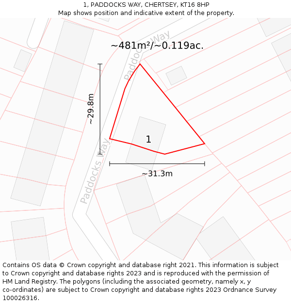 1, PADDOCKS WAY, CHERTSEY, KT16 8HP: Plot and title map