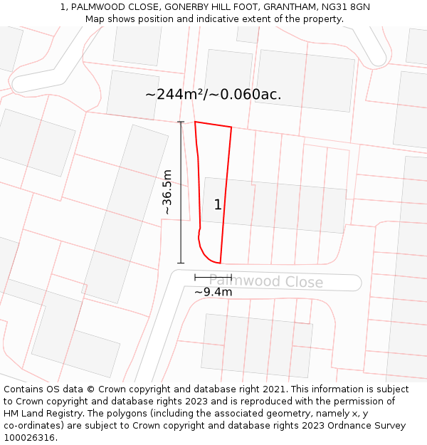 1, PALMWOOD CLOSE, GONERBY HILL FOOT, GRANTHAM, NG31 8GN: Plot and title map