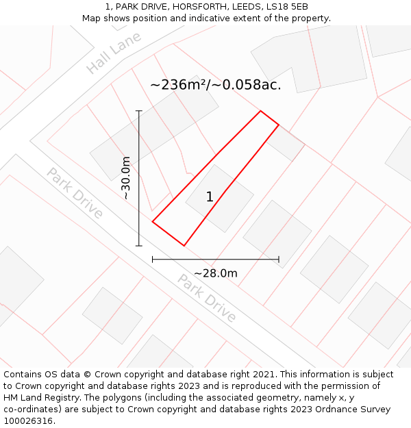 1, PARK DRIVE, HORSFORTH, LEEDS, LS18 5EB: Plot and title map