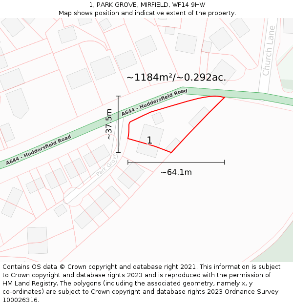 1, PARK GROVE, MIRFIELD, WF14 9HW: Plot and title map