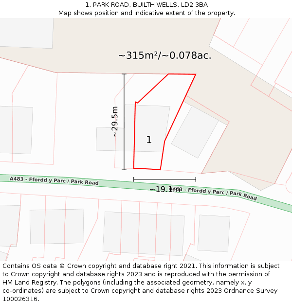 1, PARK ROAD, BUILTH WELLS, LD2 3BA: Plot and title map