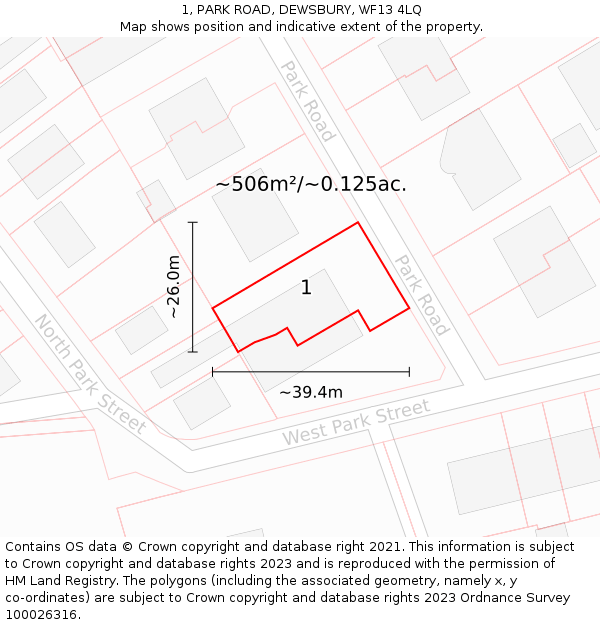 1, PARK ROAD, DEWSBURY, WF13 4LQ: Plot and title map