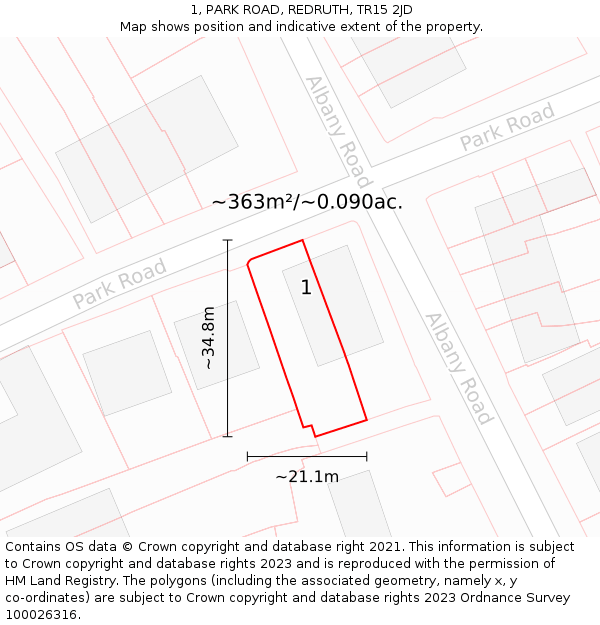 1, PARK ROAD, REDRUTH, TR15 2JD: Plot and title map