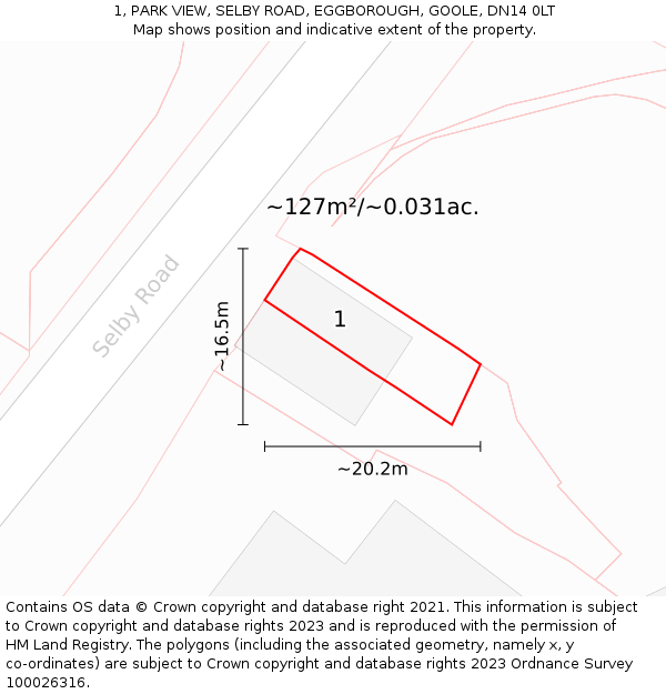 1, PARK VIEW, SELBY ROAD, EGGBOROUGH, GOOLE, DN14 0LT: Plot and title map