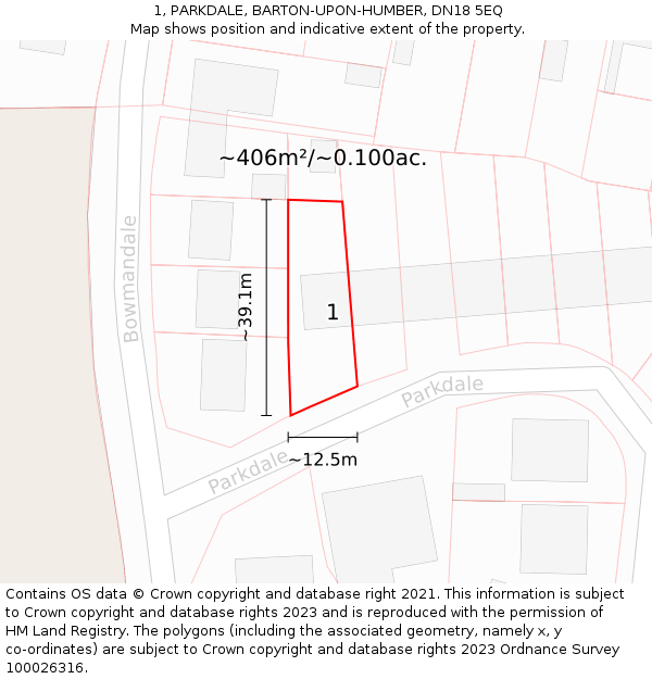 1, PARKDALE, BARTON-UPON-HUMBER, DN18 5EQ: Plot and title map