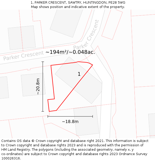 1, PARKER CRESCENT, SAWTRY, HUNTINGDON, PE28 5WG: Plot and title map