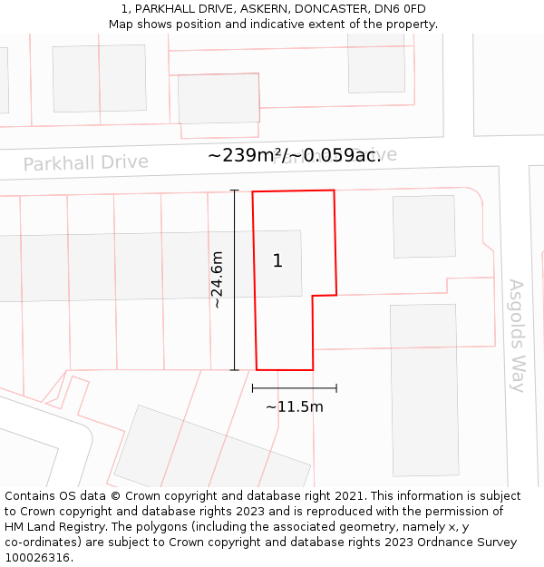 1, PARKHALL DRIVE, ASKERN, DONCASTER, DN6 0FD: Plot and title map