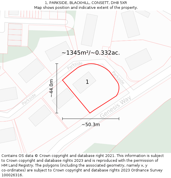 1, PARKSIDE, BLACKHILL, CONSETT, DH8 5XR: Plot and title map