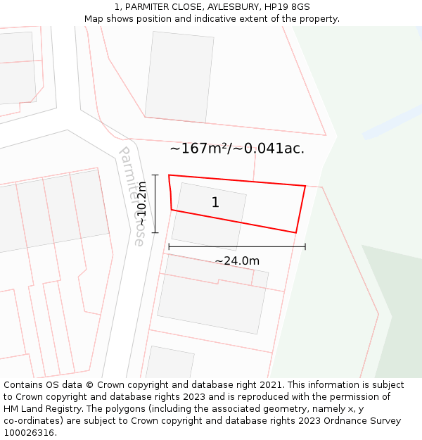 1, PARMITER CLOSE, AYLESBURY, HP19 8GS: Plot and title map