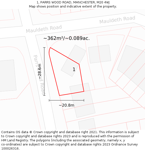 1, PARRS WOOD ROAD, MANCHESTER, M20 4WJ: Plot and title map