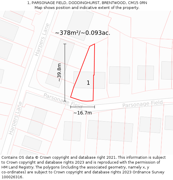 1, PARSONAGE FIELD, DODDINGHURST, BRENTWOOD, CM15 0RN: Plot and title map