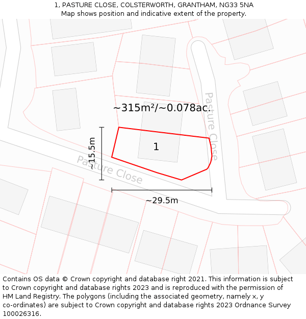 1, PASTURE CLOSE, COLSTERWORTH, GRANTHAM, NG33 5NA: Plot and title map