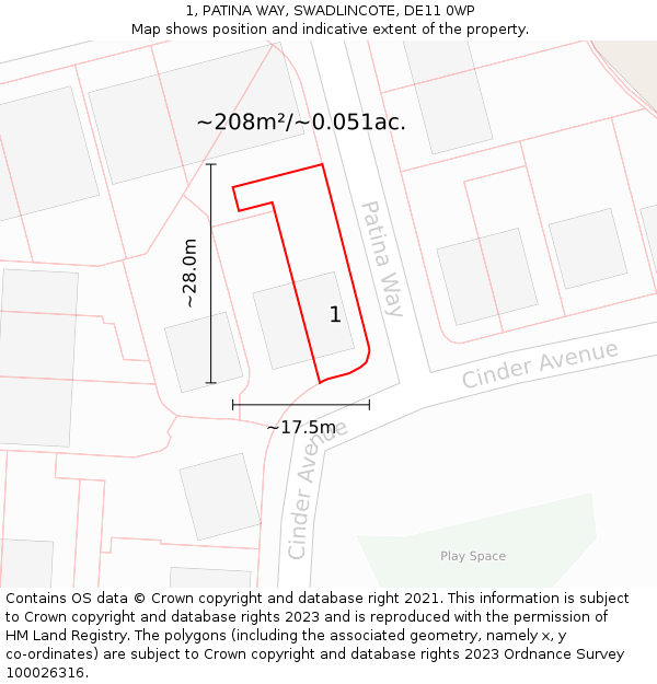 1, PATINA WAY, SWADLINCOTE, DE11 0WP: Plot and title map