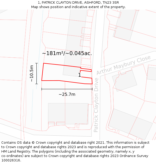 1, PATRICK CLAYTON DRIVE, ASHFORD, TN23 3SR: Plot and title map