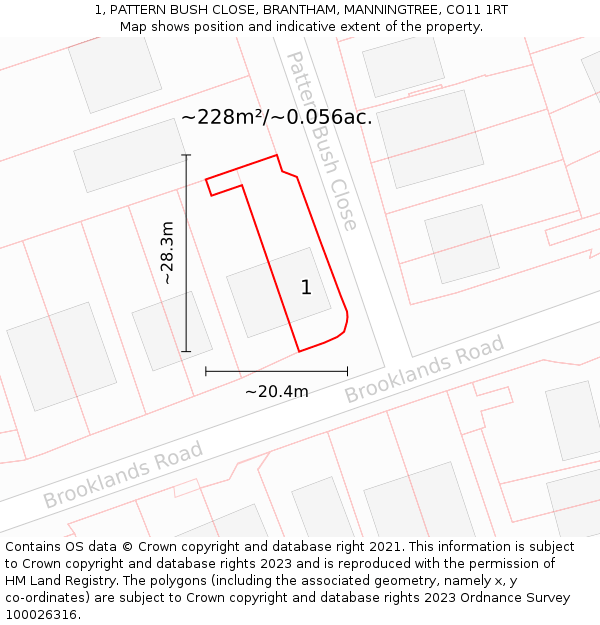 1, PATTERN BUSH CLOSE, BRANTHAM, MANNINGTREE, CO11 1RT: Plot and title map