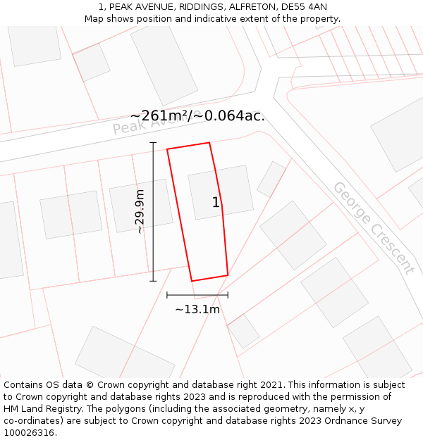 1, PEAK AVENUE, RIDDINGS, ALFRETON, DE55 4AN: Plot and title map