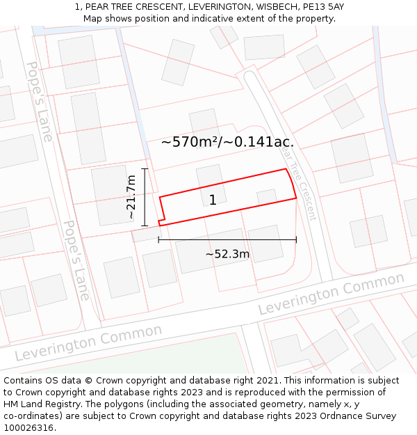 1, PEAR TREE CRESCENT, LEVERINGTON, WISBECH, PE13 5AY: Plot and title map