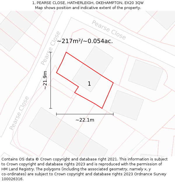 1, PEARSE CLOSE, HATHERLEIGH, OKEHAMPTON, EX20 3QW: Plot and title map