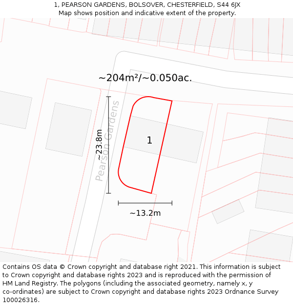 1, PEARSON GARDENS, BOLSOVER, CHESTERFIELD, S44 6JX: Plot and title map