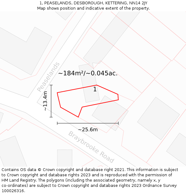 1, PEASELANDS, DESBOROUGH, KETTERING, NN14 2JY: Plot and title map