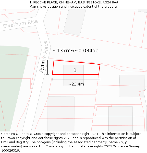 1, PECCHE PLACE, CHINEHAM, BASINGSTOKE, RG24 8AA: Plot and title map