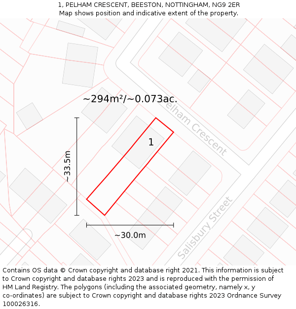 1, PELHAM CRESCENT, BEESTON, NOTTINGHAM, NG9 2ER: Plot and title map