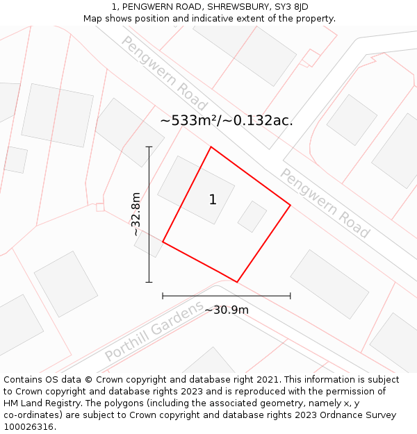 1, PENGWERN ROAD, SHREWSBURY, SY3 8JD: Plot and title map